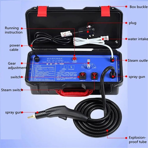 SdDpulse Professional Handheld Steam Cleaner Delivers High Temp Continuous Steam For Heavy Duty Dirt With Tankless Design showing control panel with spray gun and accessories.