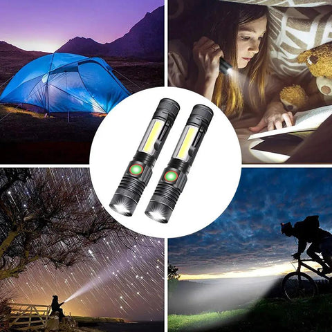Rechargeable LED Flashlight With Strong Magnetic Tail COB Work Light And Side Light Waterproof IP Rated Four Modes shown in use