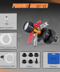 Front view: coolant vacuum refill kit with pressure gauge; includes 5 adapters, recovery hose, air outlet, blue toolbox.