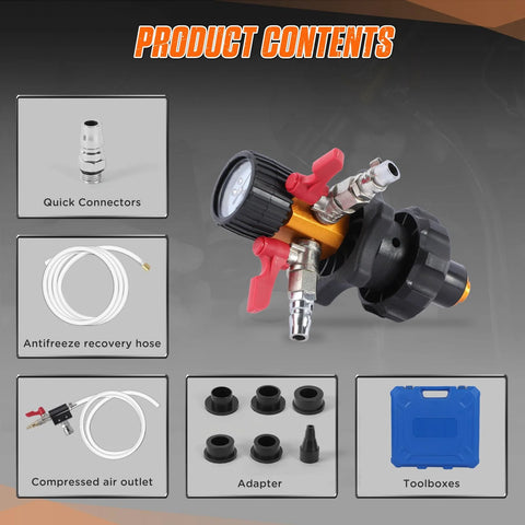 Front view: coolant vacuum refill kit with pressure gauge; includes 5 adapters, recovery hose, air outlet, blue toolbox.