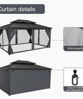 12x16 Hardtop Gazebo With Galvanized Steel Double Roof Heavy Duty Outdoor Pavilion With Netting And Curtains For Patio Backyard Deck And Lawn 192 Sq Ft Shaded Space For Dining Grilling And Lounge And Hangouts showing curtain details and installation features