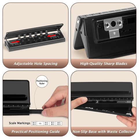 Rugged 6 Hole Paper Puncher With Adjustable Ring Spacing For A5, A6, A7 Formats, Four Position Settings 19mm 38mm 51mm 70mm, Black