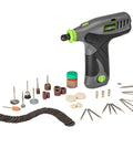 Genesis 8V Variable Speed Rotary Tool Kit with removable lithium ion battery, charging stand, 120V ETL adapter, and 64-piece accessory set