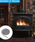 Front view of black wood stove; inset shows 3/8x86in graphite fiberglass round gasket rope (2 pcs)