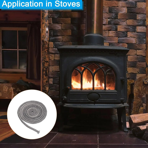 Front view of black wood stove; inset shows 3/8x86in graphite fiberglass round gasket rope (2 pcs)