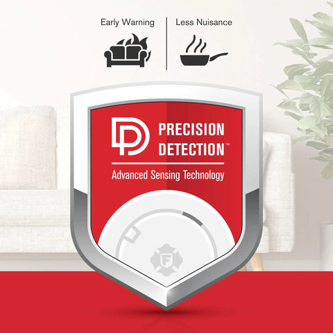 Precision Detection logo with icons for early fire warning and fewer cooking nuisance alarms, No Fuss Interconnected Smoke Alarm With Hardwired Power And 10 Year Battery Backup 3 Pack SMI105-AC