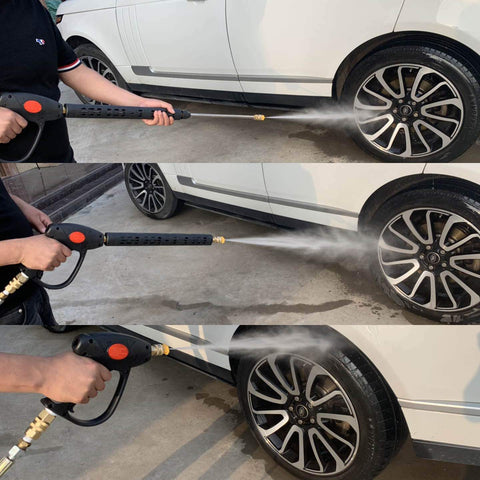 Heavy Duty Replacement Pressure Washer Gun With 40 Inch Extension Wand And Universal M22 14mm And 15mm Fittings, 4000 PSI in use.