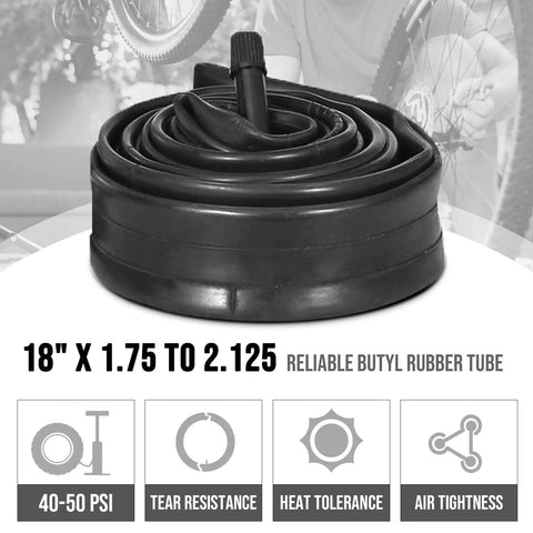 Coiled butyl rubber bike tube for 18 x 1.75 to 2.125 tires, AV 32mm Schrader valve, part of 18 Inch Bike Tire And Tube Replacement Set