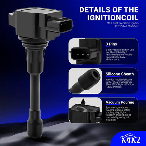 Close-up of OEM ignition coil for Nissan/Infiniti with silicone sheath and vacuum pouring, part of Ignition Coil Pack Set With 9029 Double Iridium Spark Plugs For 2007 To 2019 Nissan Altima Versa Sentra Rogue Cube NV200 Pathfinder Infiniti FX50 QX60 QX70 And More