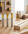 Top Shelf Kickass Keyhole Router Bit Set Includes 3 Piece T Slot T Track Bits With One Quarter Inch Shank on wooden table