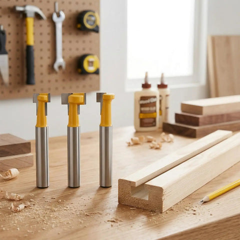 Top Shelf Kickass Keyhole Router Bit Set Includes 3 Piece T Slot T Track Bits With One Quarter Inch Shank on wooden table
