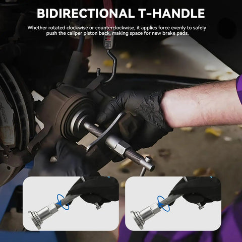 All In One Disc Brake Caliper Tool Kit with 24 adapters, showing piston compressor usage for easy brake pad replacement. Close-up view.