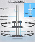 Diagram of Pro Grade Four Arm Adjustable Soldering Helping Hands with labelled fixture components, sliding bar track, and clamp.