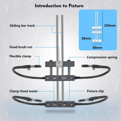 Diagram of Pro Grade Four Arm Adjustable Soldering Helping Hands with labelled fixture components, sliding bar track, and clamp.