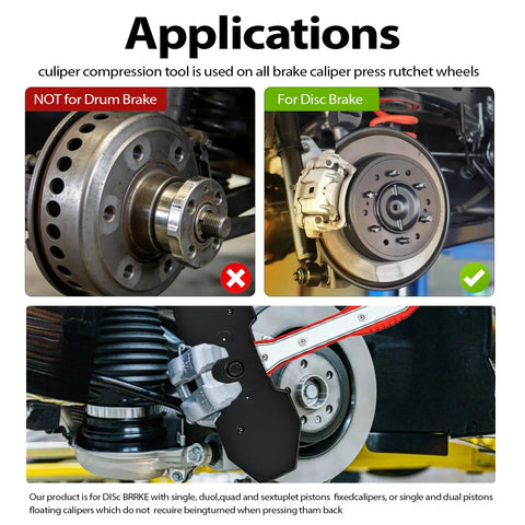 Diagram illustrating correct use of Caliper Piston Compressor Tool With 360 Degree Swing Ratchets for disc brakes, not drum brakes.