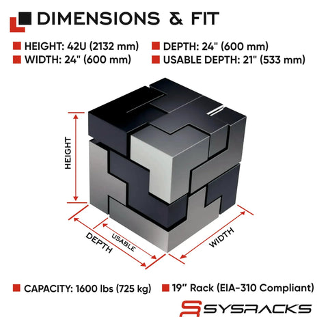Dimensions of 42U Server Rack Cabinet 24 Inch Deep Floor Standing Network Enclosure With Locking Glass Door Built In Cooling Fans.