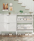 Space Saving Shoe Cabinet With Two Flip Drawers And Adjustable Shelf, white, organized with shoes, fits in hallway, holds 16 pairs