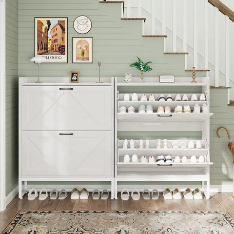 Space Saving Shoe Cabinet With Two Flip Drawers And Adjustable Shelf, white, organized with shoes, fits in hallway, holds 16 pairs