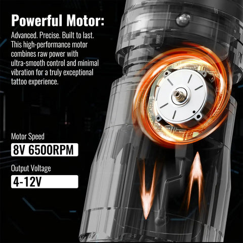 Close-up of high-performance motor in Wireless Tattoo Gun Kit With 2300mAh Batteries, 7 Adjustable Stroke Rotary Machine.