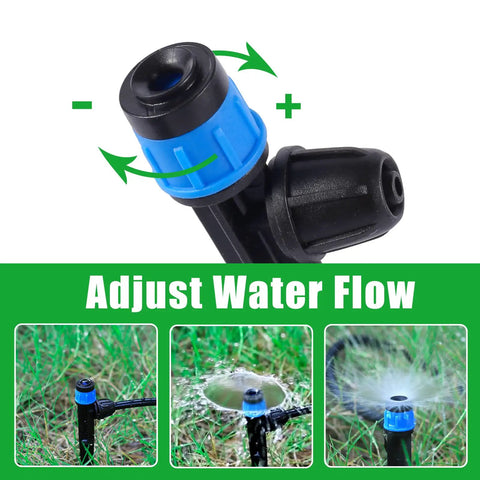 Adjustable 360 Degree Drip Emitters For 1/4 Inch Tubing Blue Sprayers With Stake showing water flow adjustment in garden