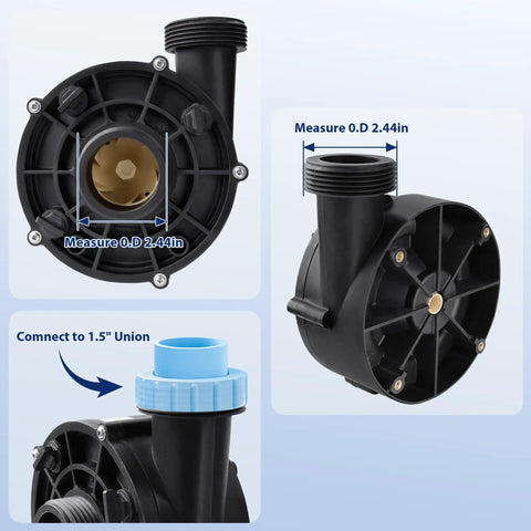 Heavy Duty Spa Hot Tub Circulation Pump Wet End Replacement Repairs LX Pump WTC50M showing connection and measurement details.