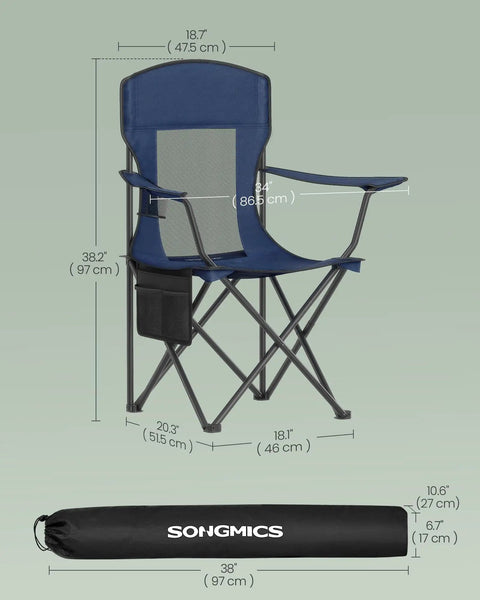 2 Pack Breathable Camping Chairs With High Back, Foldable Outdoor Seats, 330 Lb Capacity, Harbor Blue, with dimensions shown