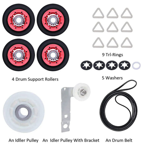 Dryer Repair Kit With 661570 Belt And 4 W10314173 Drum Rollers Plus 279640 Idler Pulley And W10837240 Bracket, parts layout