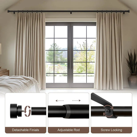 Built To Last Black Curtain Rod Set For Windows 48 To 84 Inches Adjustable 1 Inch Diameter With Decorative Finials in bedroom
