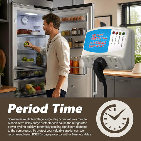 Man using refrigerator with Three Outlet Surge Protector Power Strip For Home Appliances With Voltage Protector And Brownout Shield
