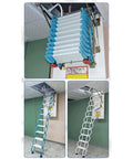 Electric Attic Ladder Pull Down Loft Stairs With Remote Control And Safety Handrails Heavy Duty Ceiling Access, shown in three angles.