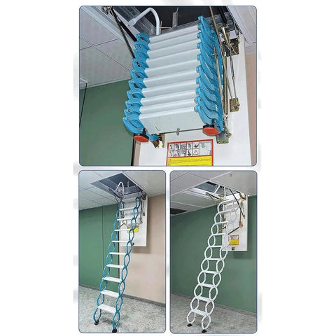 Electric Attic Ladder Pull Down Loft Stairs With Remote Control And Safety Handrails Heavy Duty Ceiling Access, shown in three angles.