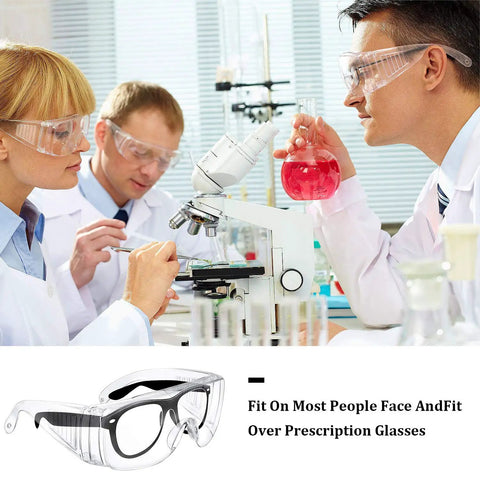 Scientists wearing Six Pairs Clear Safety Glasses That Fit Over Your Glasses, Anti Fog Scratch Resistant Polycarbonate Eye Protection Goggles