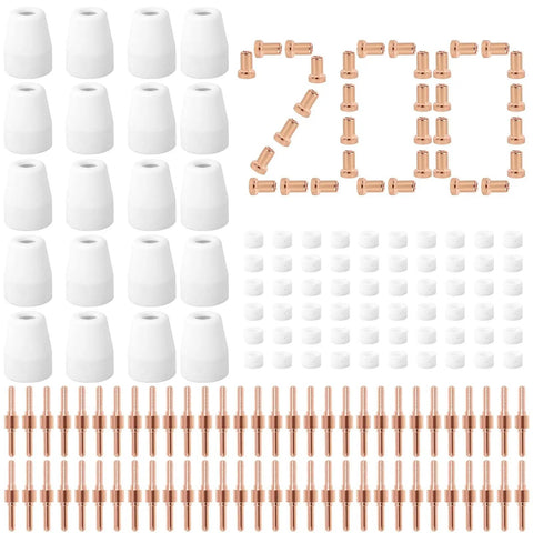Plasma Cutter Tips PT-31 200 Pack Fits CUT-45 CUT-50 CT-312 MIG205MP With Torch JG-40 LG-40 Premium Consumables arranged in rows.