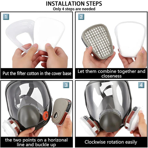 Installation steps for Pro Grade Full Face Respirator Mask With Replaceable Filters And 10 Spare Dust Pads for various work use.