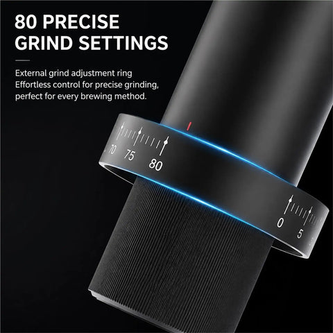 Manual Burr Coffee Grinder With 80 Adjustable Settings For Portable Espresso And French Press Brewing Built Tough showing external grind adjustment ring and settings.