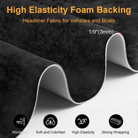 Auto suede headliner fabric with foam backing in black, 54" × 60" for automotive interiors (close-up view)