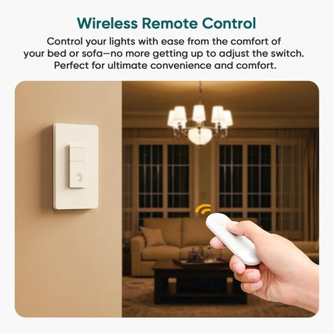 Hassle Free Wireless Dimmer Switch With Magnetic Remote Single Pole Light Control Neutral Wire Required No App Drama Reliable Everyday Glow For Dimmable LED And CFL Fixtures on wall with remote in hand.
