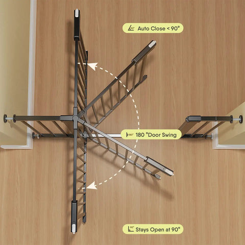 Top view of Extra Wide Baby Gate For Stairs And Doorways Fits 27 To 43 Inches With Walk Through 21 Inch Opening 30 Inch Tall Auto Close