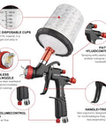 Pro Grade Lvlp Automotive Paint Spray Gun Featherweight Champion Teflon Coated Barrel high transfer efficiency with 650cc cup and stainless nozzle.
