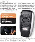 Subaru Keyless Entry Remote Key Fob Replacement For 2018 2024 Ascent Crosstrek Forester Impreza Legacy Outback WRX STI HYQ14AHK Plug And Play Install OEM Feel Long Battery Life No Fuss Lock And Unlock Performance shown with button details and compatibility list.