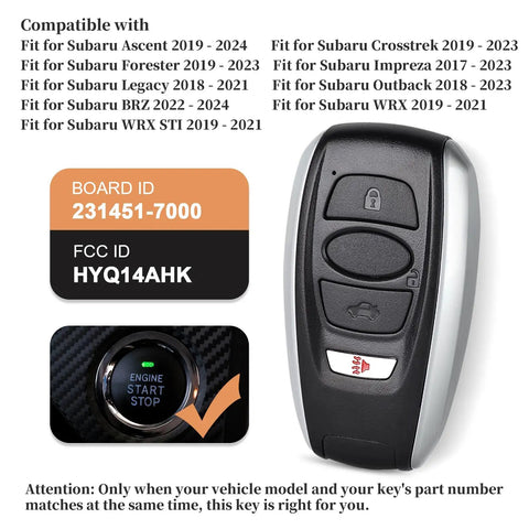 Subaru Keyless Entry Remote Key Fob Replacement For 2018 2024 Ascent Crosstrek Forester Impreza Legacy Outback WRX STI HYQ14AHK Plug And Play Install OEM Feel Long Battery Life No Fuss Lock And Unlock Performance shown with button details and compatibility list.
