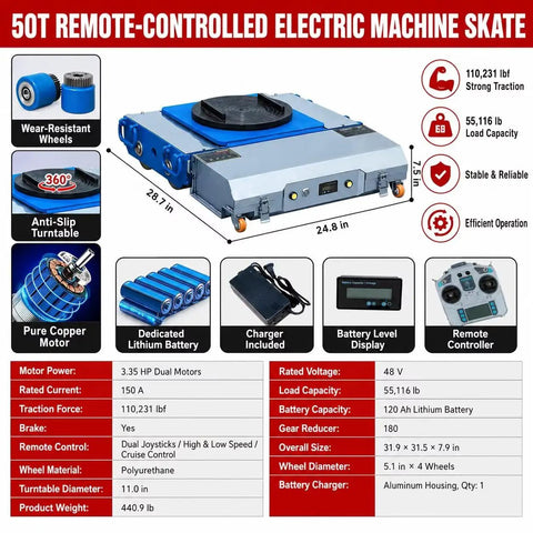 Built Tough Fifty Ton Electric Machinery Dolly Heavy Duty Industrial Roller Skates With Remote Control Handles side view with dimensions