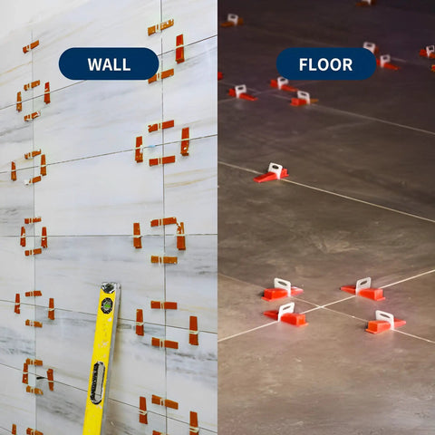 Tile Leveling System Kit With 1000 Spacers And 400 Reusable Wedges A Tile Plier And Rubber Mallet For Clean Breaks shown on wall and floor