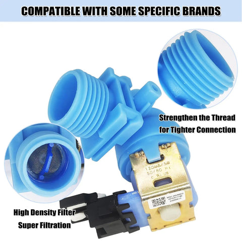Dishwasher Inlet Valve Replacement W10327249 WPW10327249 with blue plastic and metal parts, showing filter and thread details.