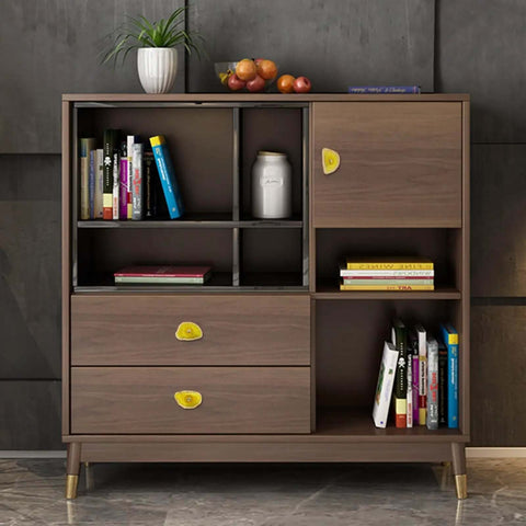 Level Up Your Setup With These Dope Natural Yellow Agate Slice Cabinet Knobs 4 Piece Set on modern wooden cabinet.