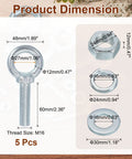 Five Pack M16 Galvanized Carbon Steel Eye Bolts With Nuts And Washers Five Eighth Inch By Two Point Three Six Inch Heavy Duty Screw Eye Lifting Rings For Tie Downs Indoors Outdoors Silver product dimension chart, 5 pcs
