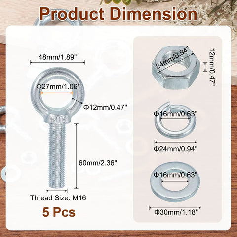 Five Pack M16 Galvanized Carbon Steel Eye Bolts With Nuts And Washers Five Eighth Inch By Two Point Three Six Inch Heavy Duty Screw Eye Lifting Rings For Tie Downs Indoors Outdoors Silver product dimension chart, 5 pcs