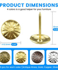 Top Tier Heavy Duty Antique Brass And Red Copper Upholstery Tacks With Classic Vintage Daisy Head Caps For Sofas Chairs Beds And Kick Butt Diy Renovation Projects Real Seven Sixteenth Inch Decorative Furniture Nails Solid Two Hundred Piece Set showing dimensions and colors.