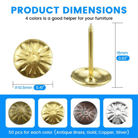 Top Tier Heavy Duty Antique Brass And Red Copper Upholstery Tacks With Classic Vintage Daisy Head Caps For Sofas Chairs Beds And Kick Butt Diy Renovation Projects Real Seven Sixteenth Inch Decorative Furniture Nails Solid Two Hundred Piece Set showing dimensions and colors.