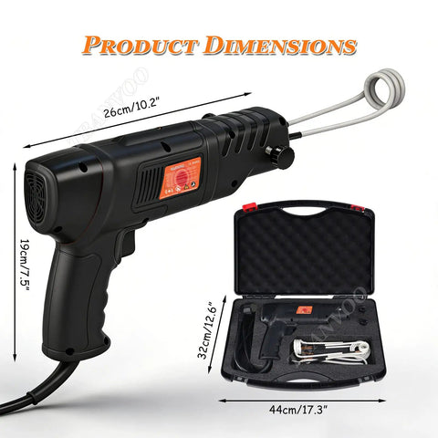 2500W Induction Bolt Heater Handheld Tool With 4 Coils And Rugged Case, dimensions and open case with components visible